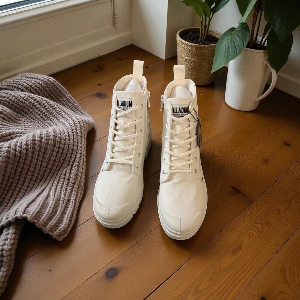 Palladium Pallabase Twill Boots Womens 6 Star White Canvas Ortholite Combat Zip